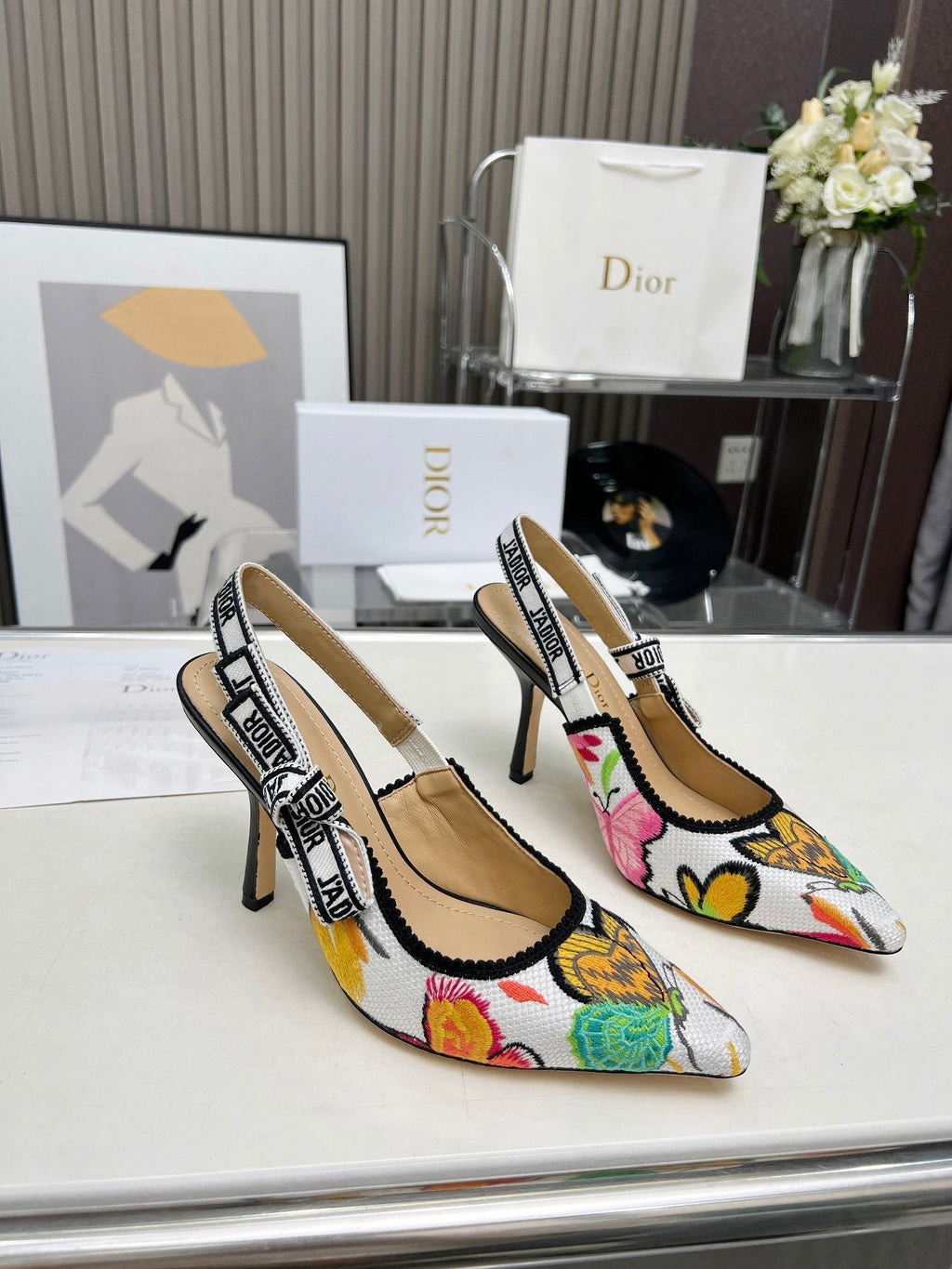 DIOR J'A SLINGBACK PUMP COLORFUL NATURAL RAFFIA AND EMBROIDERED COTTON 10 CM 130857