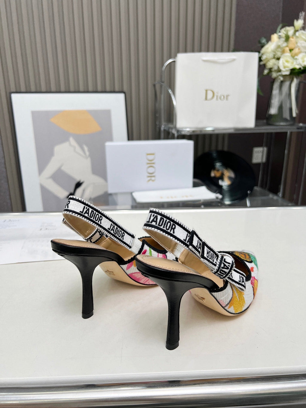 DIOR J'A SLINGBACK PUMP COLORFUL NATURAL RAFFIA AND EMBROIDERED COTTON 10 CM 130857