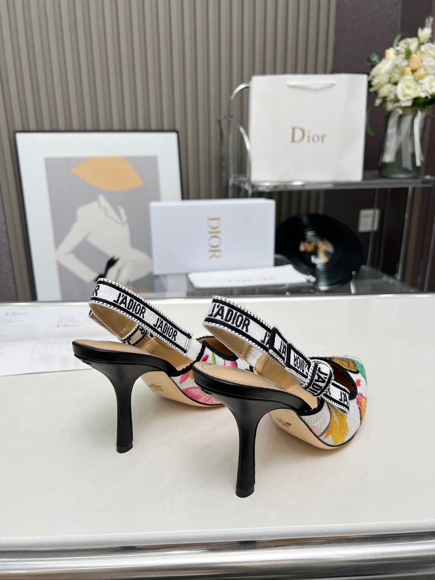 DIOR J'A SLINGBACK PUMP COLORFUL NATURAL RAFFIA AND EMBROIDERED COTTON 10 CM 130857