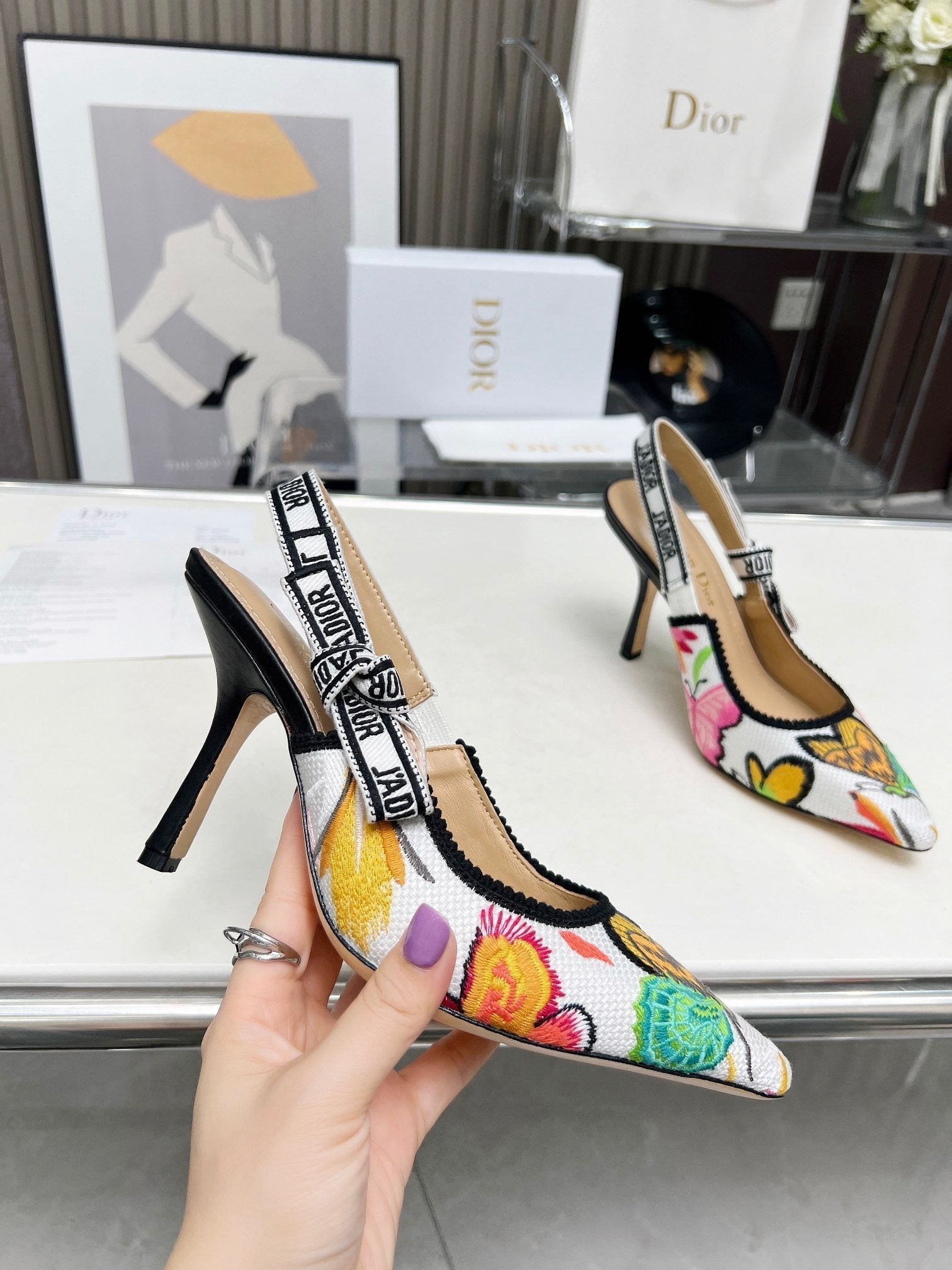 DIOR J'A SLINGBACK PUMP COLORFUL NATURAL RAFFIA AND EMBROIDERED COTTON 10 CM 130857