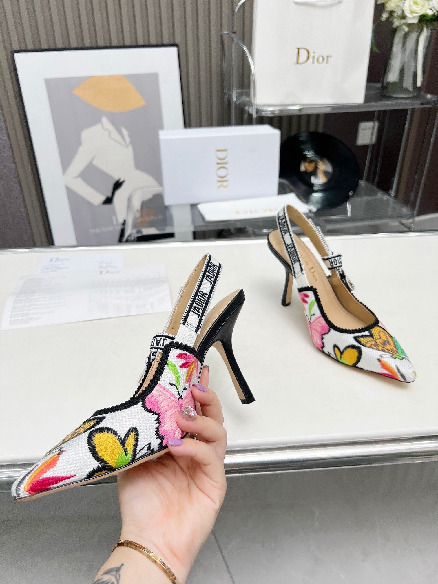 DIOR J'A SLINGBACK PUMP COLORFUL NATURAL RAFFIA AND EMBROIDERED COTTON 10 CM 130857