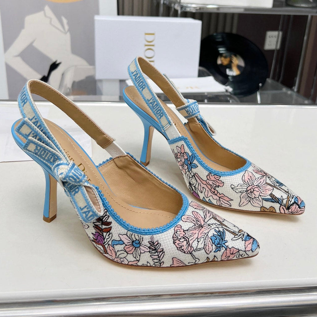 DIOR J'A SLINGBACK PUMP COLORFUL NATURAL RAFFIA AND EMBROIDERED COTTON 10 CM 130858