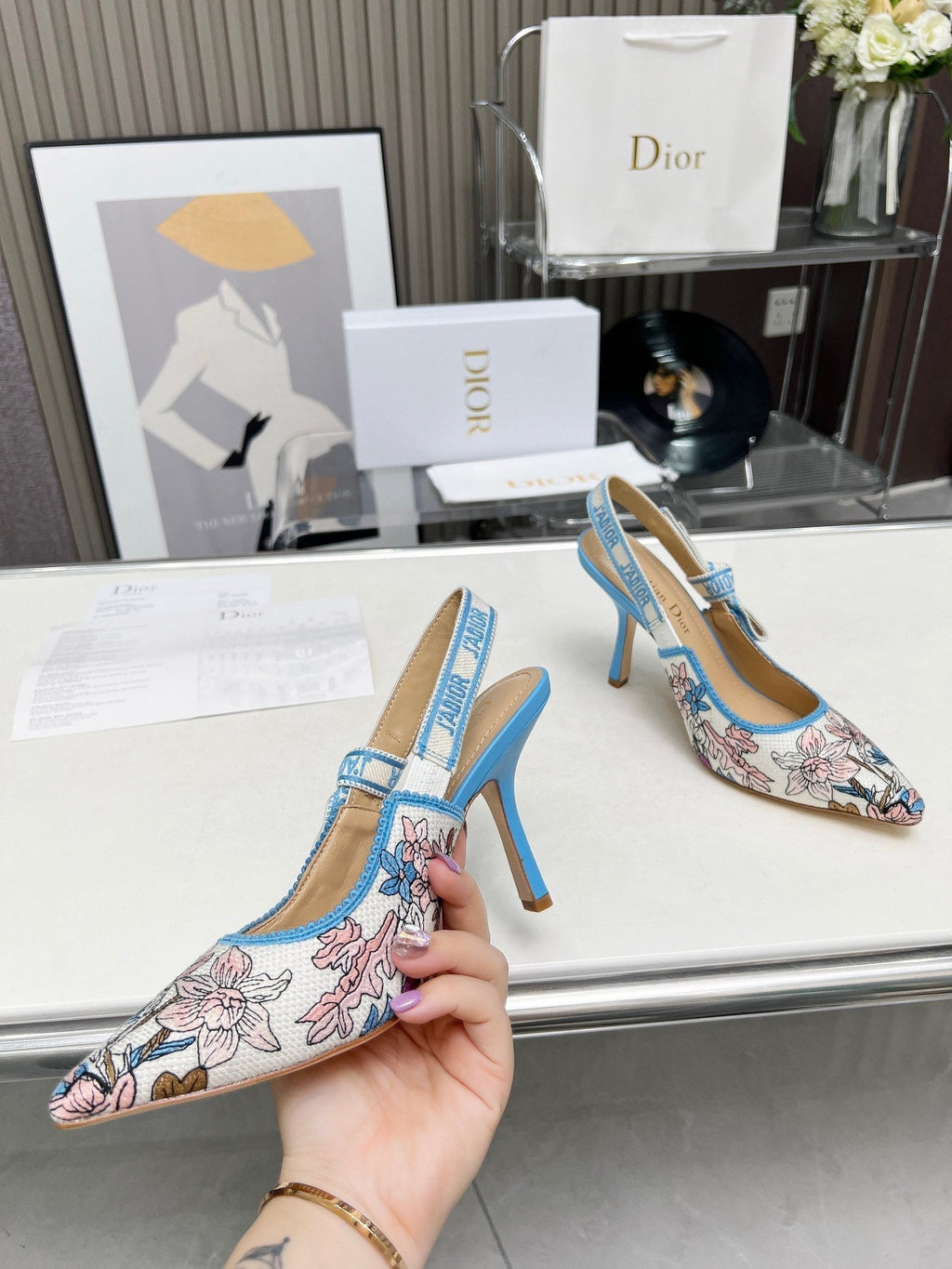 DIOR J'A SLINGBACK PUMP COLORFUL NATURAL RAFFIA AND EMBROIDERED COTTON 10 CM 130858