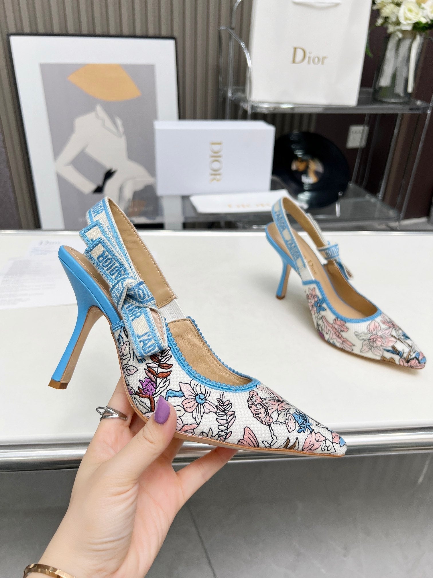 DIOR J'A SLINGBACK PUMP COLORFUL NATURAL RAFFIA AND EMBROIDERED COTTON 10 CM 130858