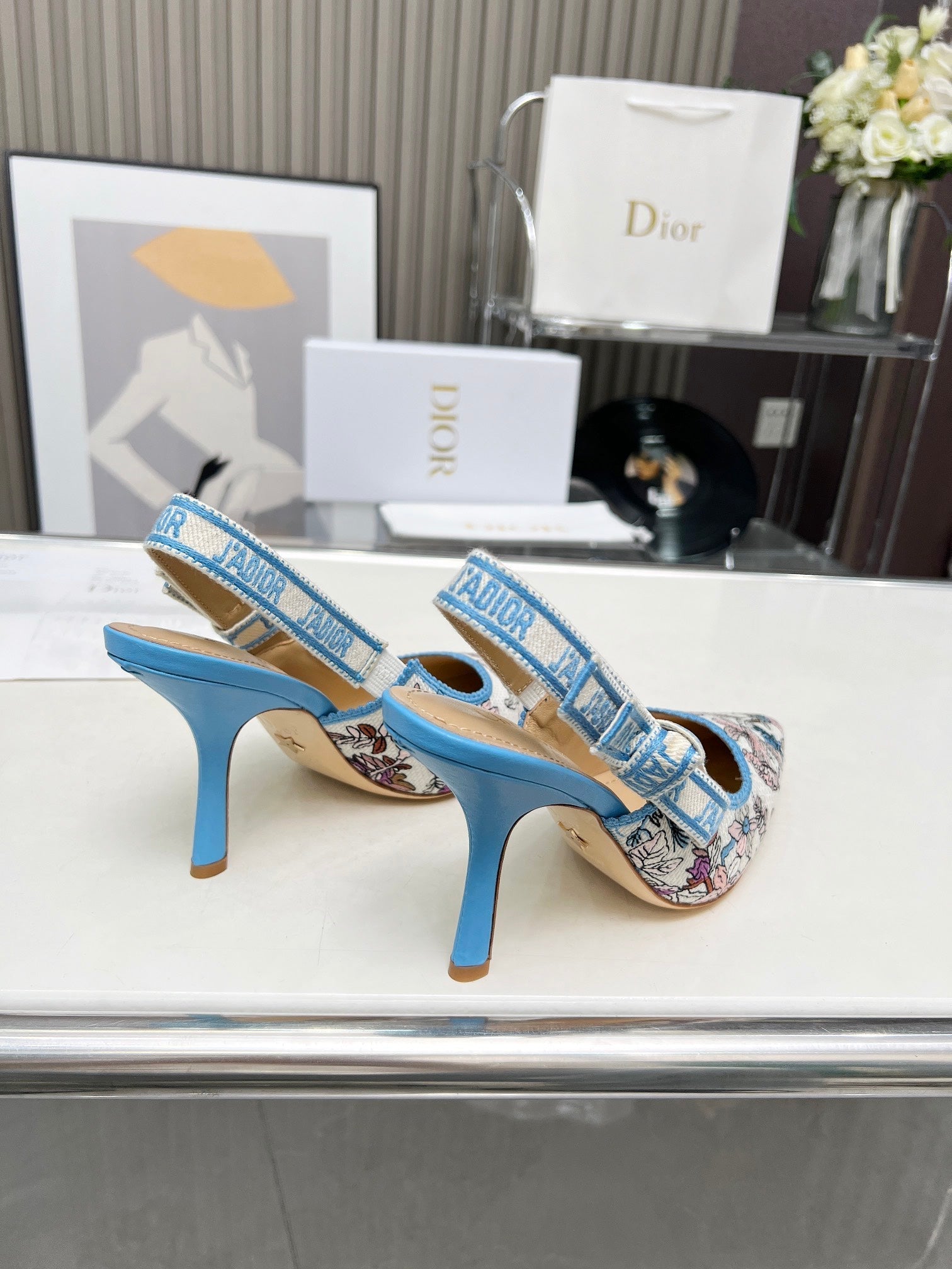DIOR J'A SLINGBACK PUMP COLORFUL NATURAL RAFFIA AND EMBROIDERED COTTON 10 CM 130858