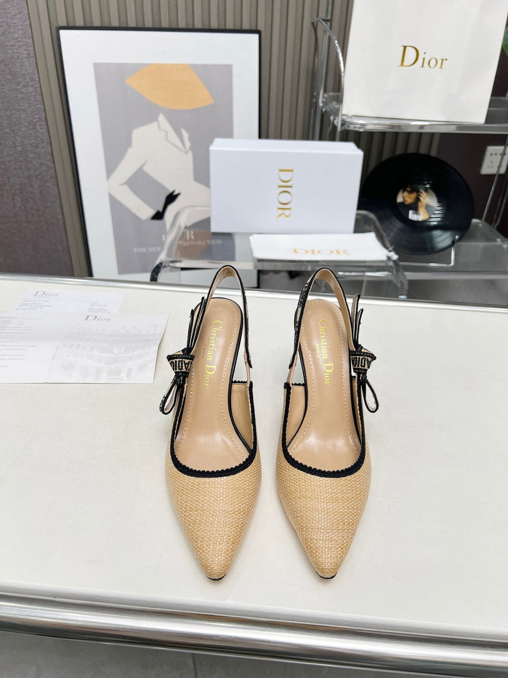 DIOR J'A SLINGBACK PUMP NATURAL RAFFIA AND BLACK EMBROIDERED COTTON 10 CM
