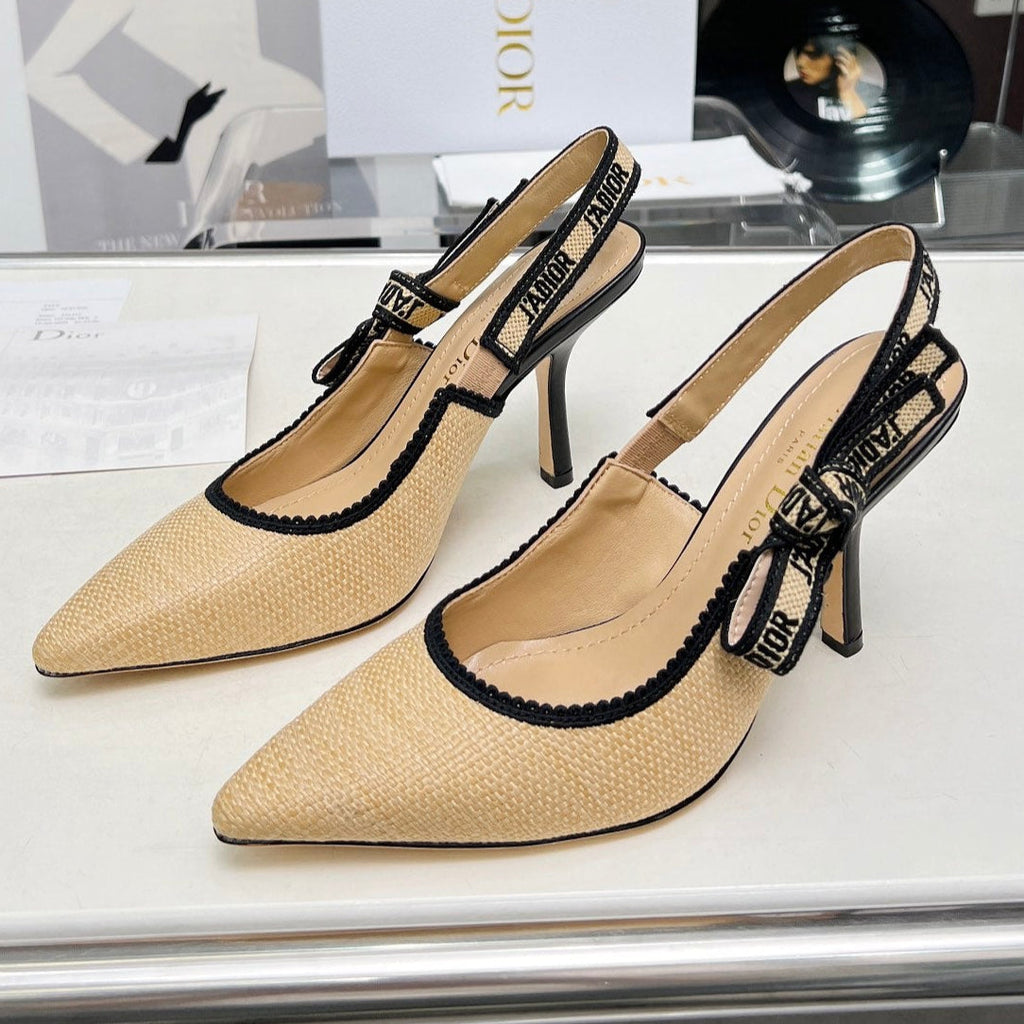 DIOR J'A SLINGBACK PUMP NATURAL RAFFIA AND BLACK EMBROIDERED COTTON 10 CM