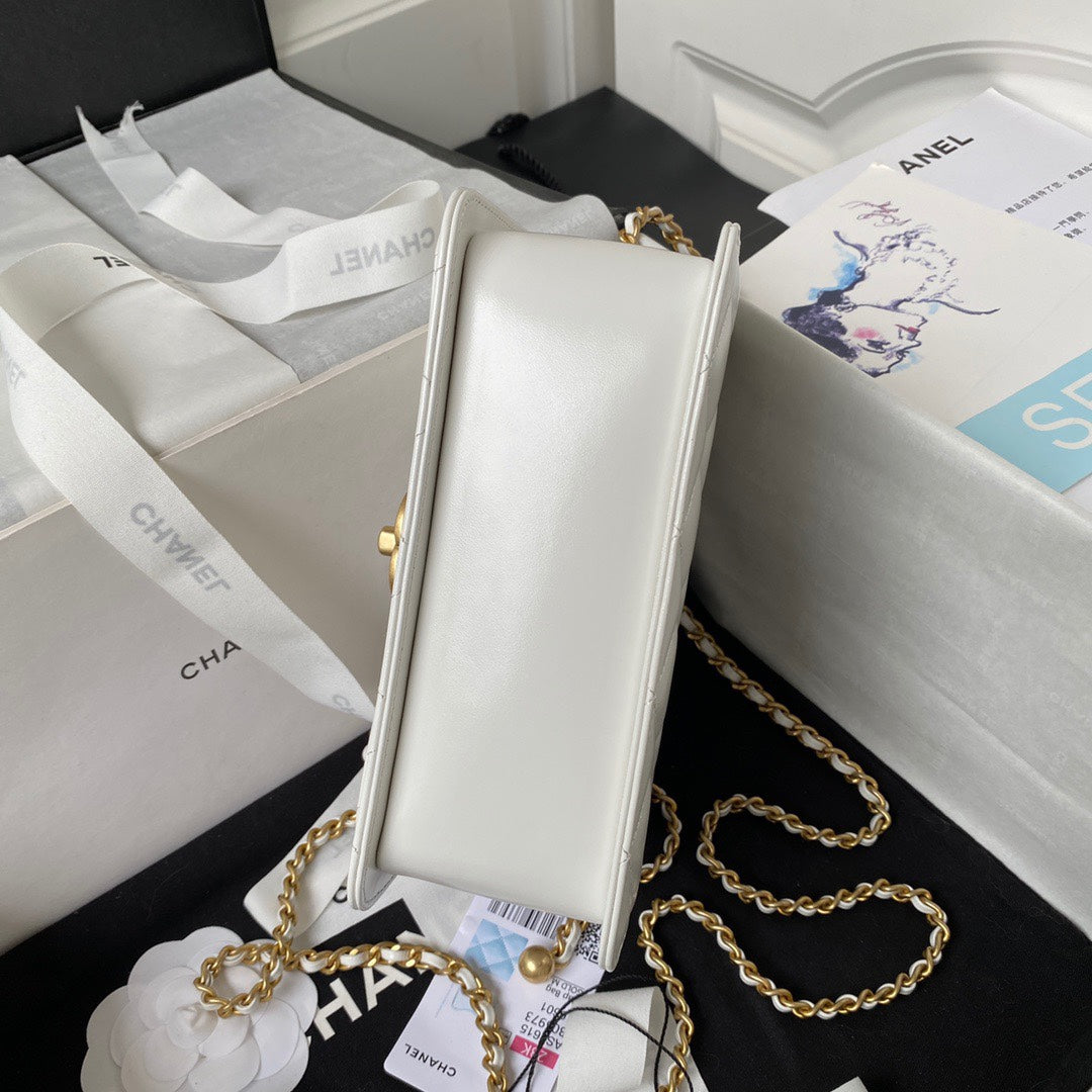 CHANEL MINI FLAP BAG 19 IN WHITE CALFSKIN WITH DOUBLE GOLD BALL