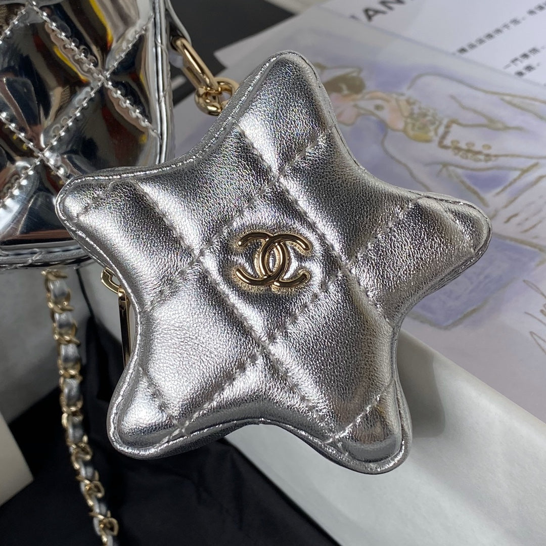 CHANEL MINI 19 FLAP BAG IN SILVER METALLIC CALFSKIN WITH STRAP