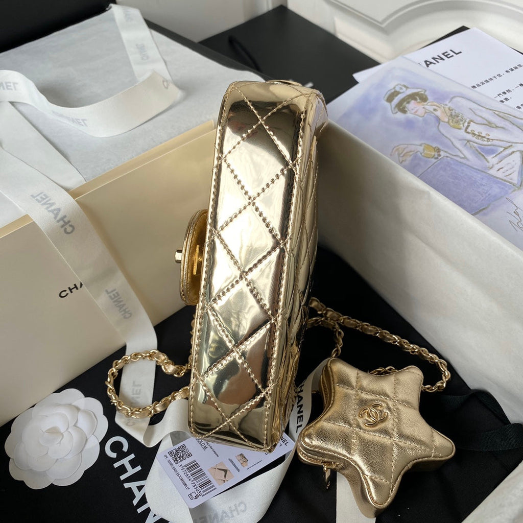 CHANEL MINI 19 FLAP BAG IN GOLDEN METALLIC CALFSKIN WITH STRAP