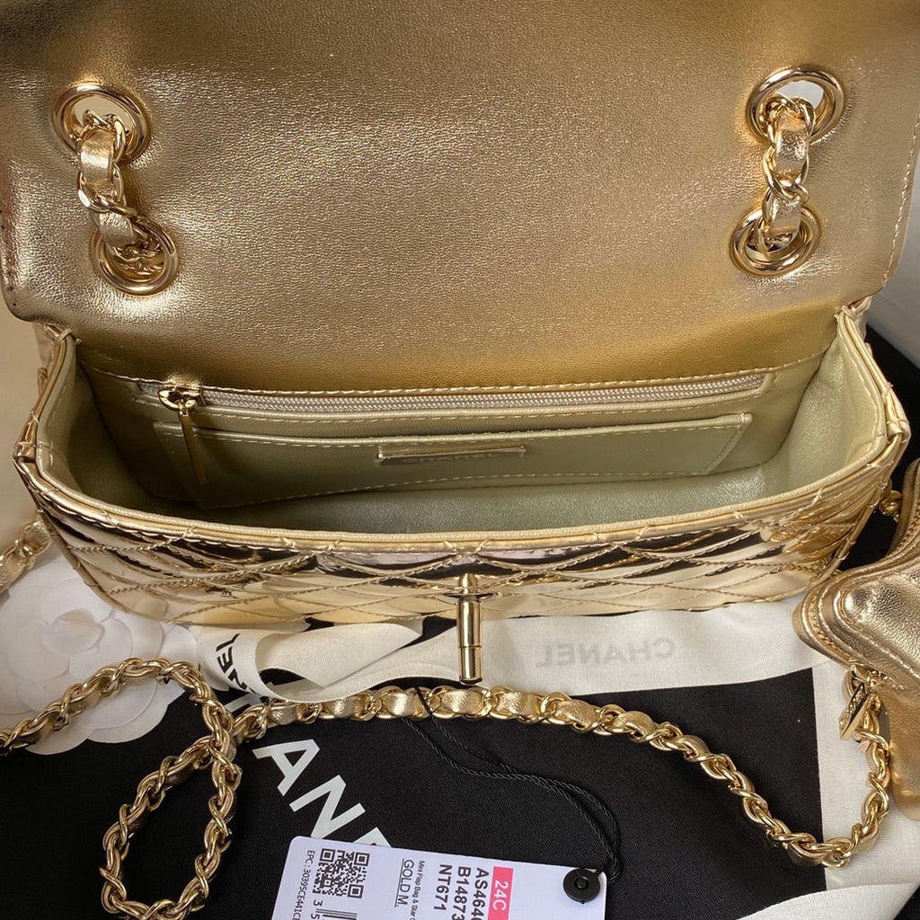 CHANEL MINI 19 FLAP BAG IN GOLDEN METALLIC CALFSKIN WITH STRAP