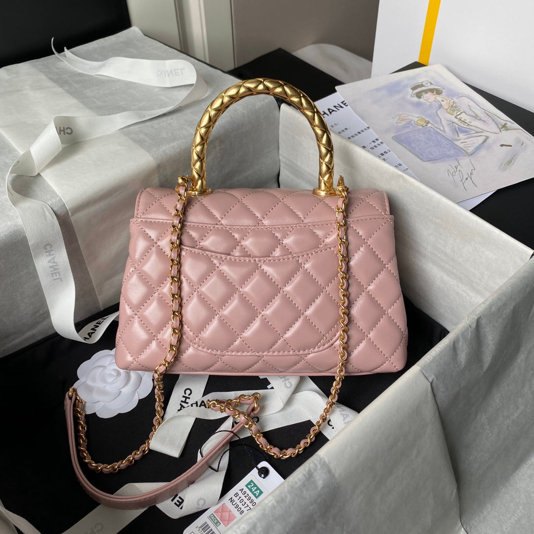 CHANEL 25S CLASSIC COCO HANDLE BAG 23 CM IN LIGHT PINK LAMBSKIN WITH GOLD HARDWARE