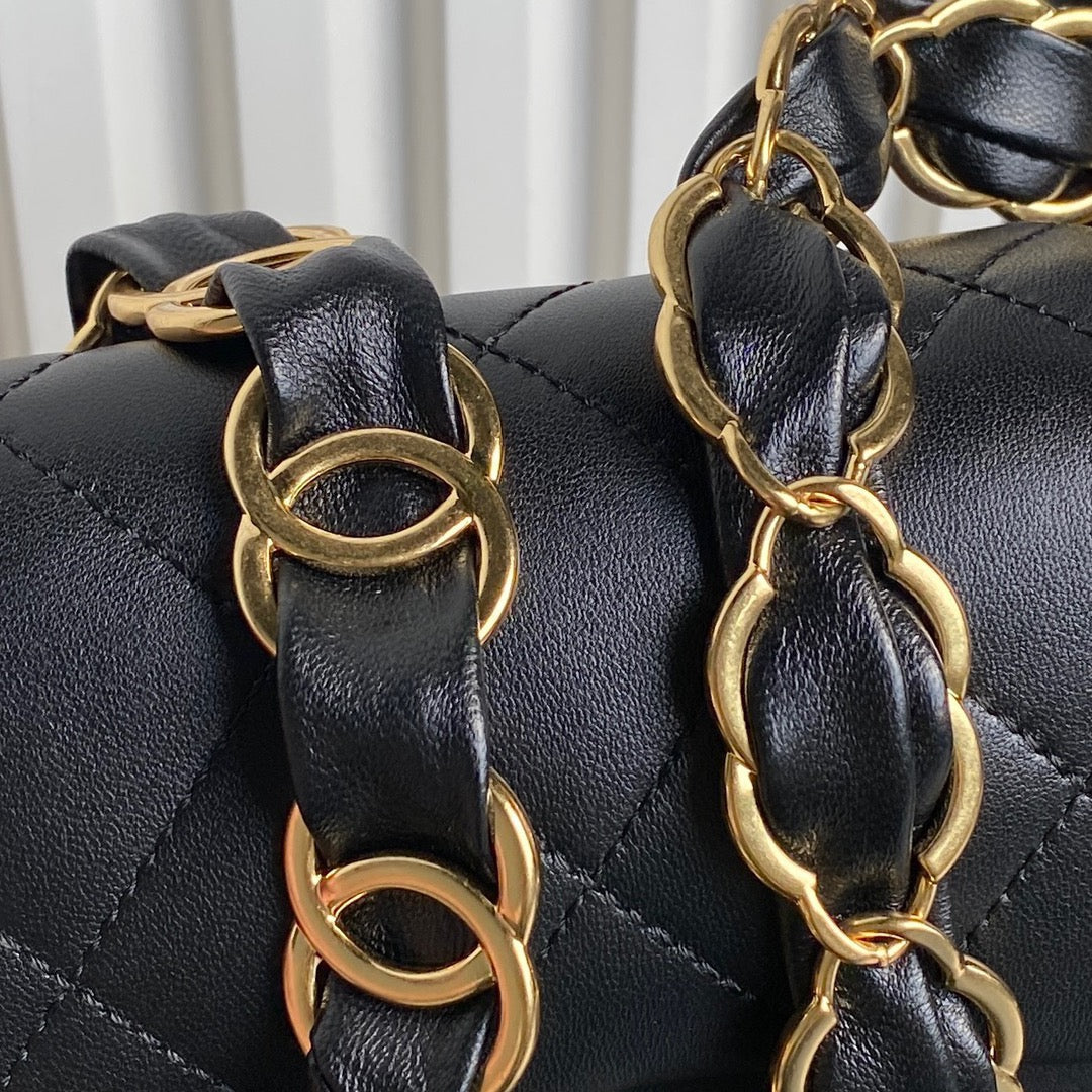 CHANEL SMALL FLAP BAG 21 IN BLACK CALFSKIN GOLD DOUBLE C THICK CHAIN