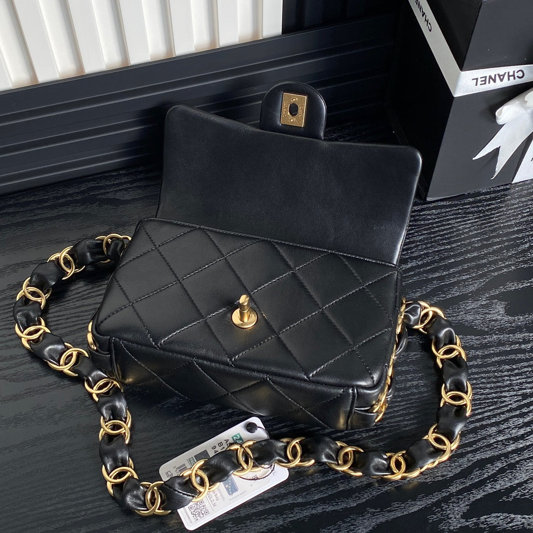 CHANEL SMALL FLAP BAG 21 IN BLACK CALFSKIN GOLD DOUBLE C THICK CHAIN
