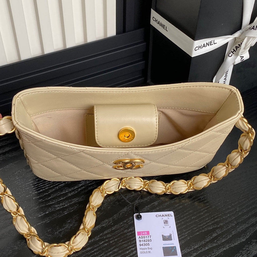 CHANEL HOBO BAG 24 IN BEIGE CALFSKIN GOLD DOUBLE C THICK CHAIN