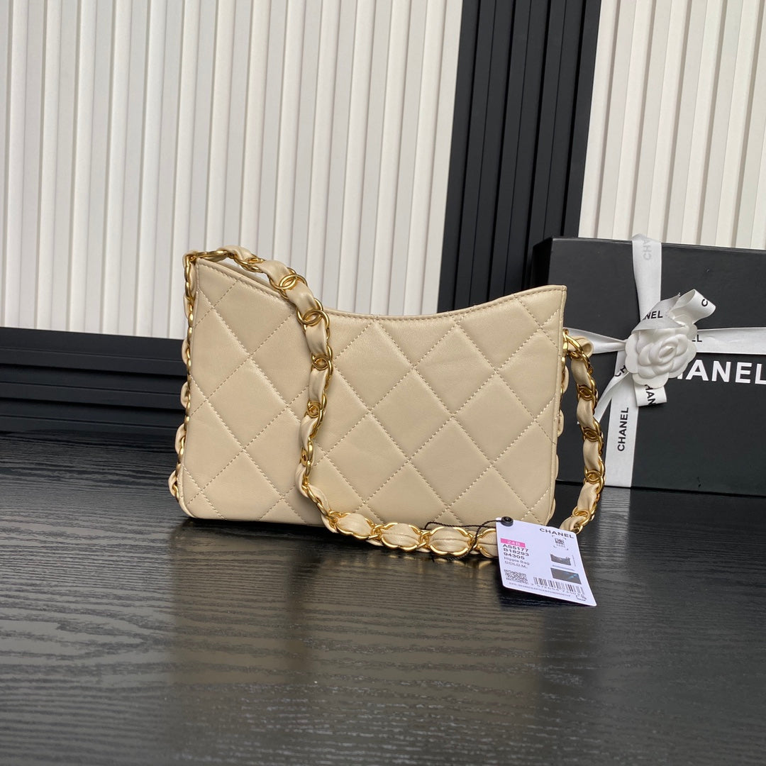 CHANEL HOBO BAG 24 IN BEIGE CALFSKIN GOLD DOUBLE C THICK CHAIN