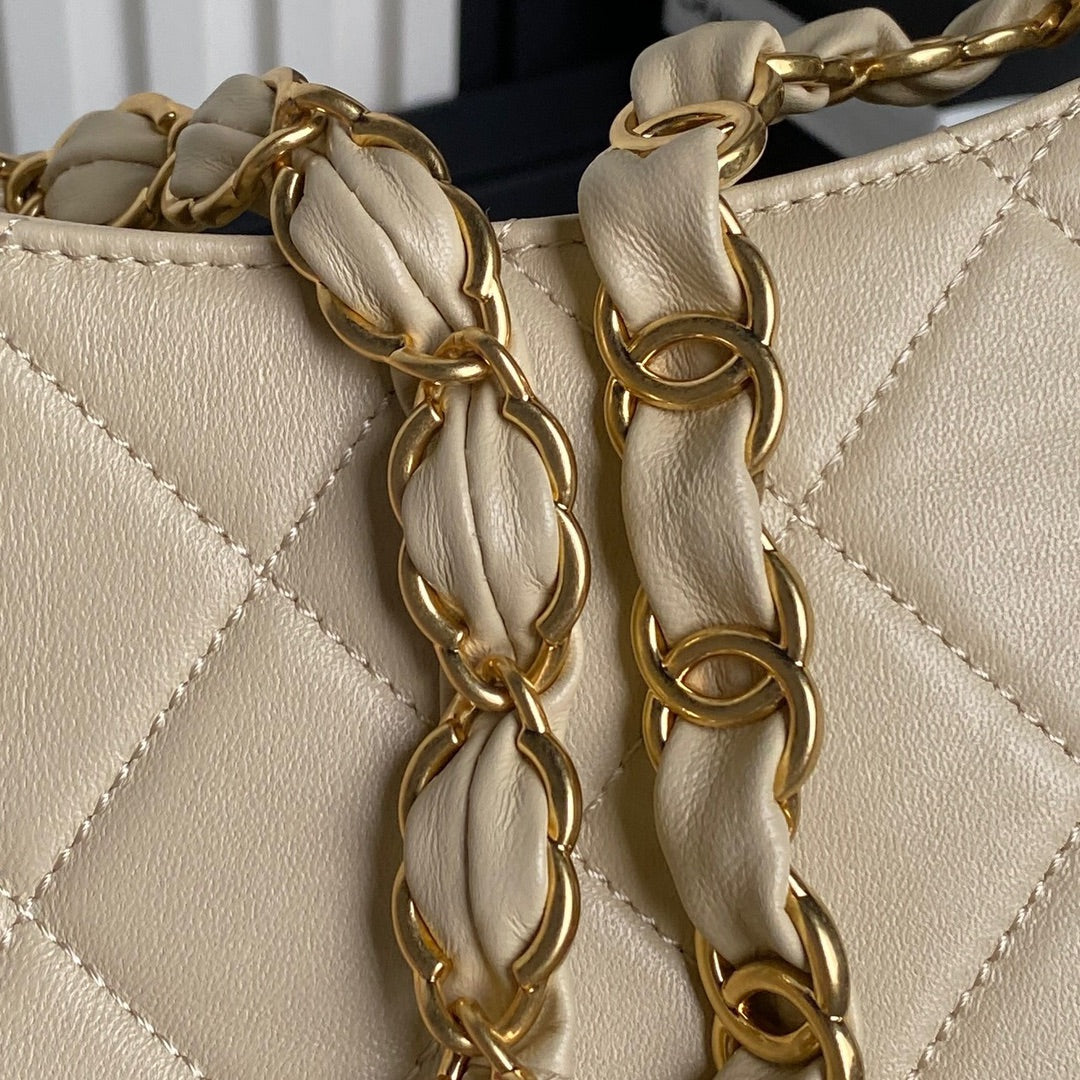 CHANEL HOBO BAG 24 IN BEIGE CALFSKIN GOLD DOUBLE C THICK CHAIN