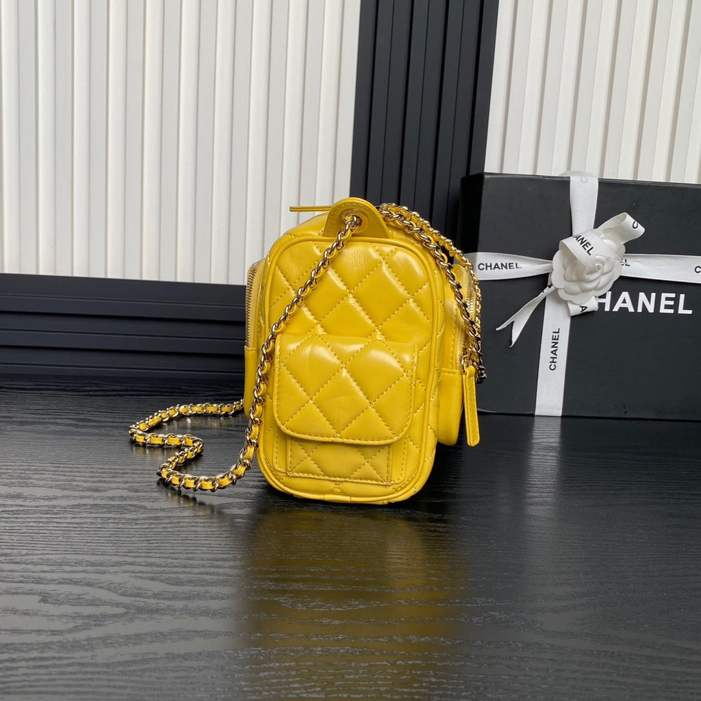 CHANEL CAMERA BAG 24 IN MIMOSA YELLOW SHINY CALFSKIN GOLD CHAIN