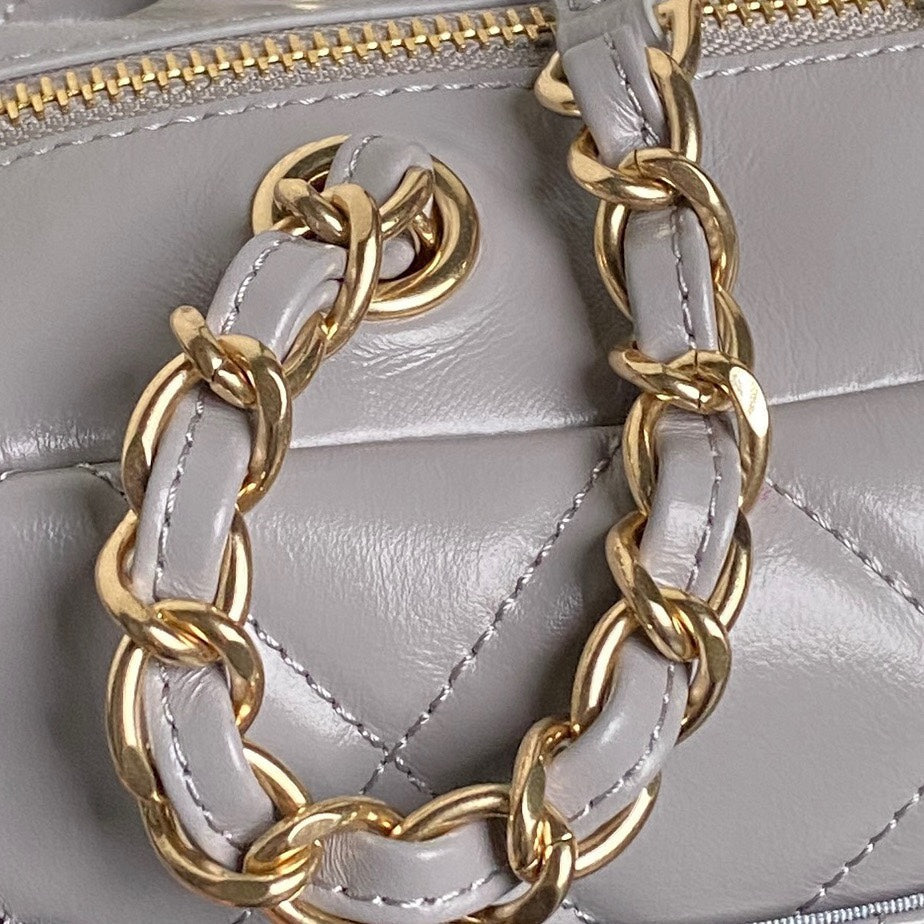 CHANEL BOWLING BAG 29 IN GREY CALFSKIN GOLD HARDWARE