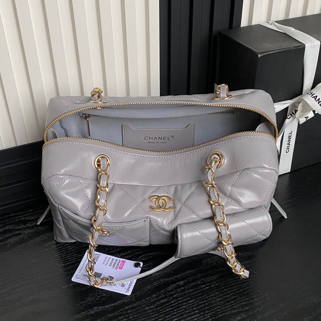CHANEL BOWLING BAG 29 IN GREY CALFSKIN GOLD HARDWARE