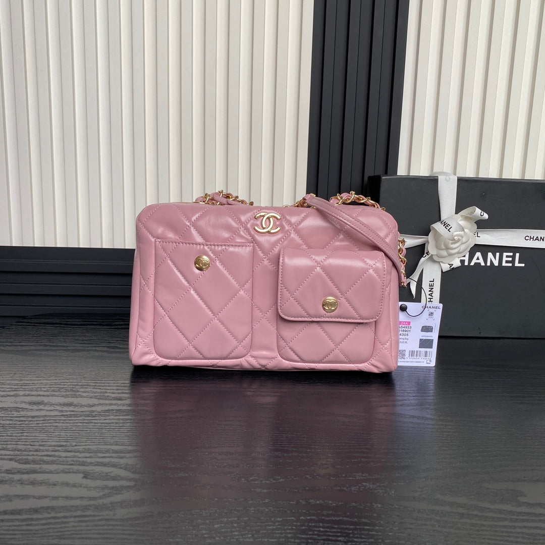 CHANEL BOWLING BAG 29 IN BABY PINK CALFSKIN GOLD HARDWARE