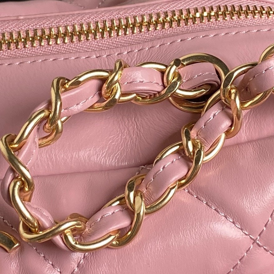 CHANEL BOWLING BAG 29 IN BABY PINK CALFSKIN GOLD HARDWARE