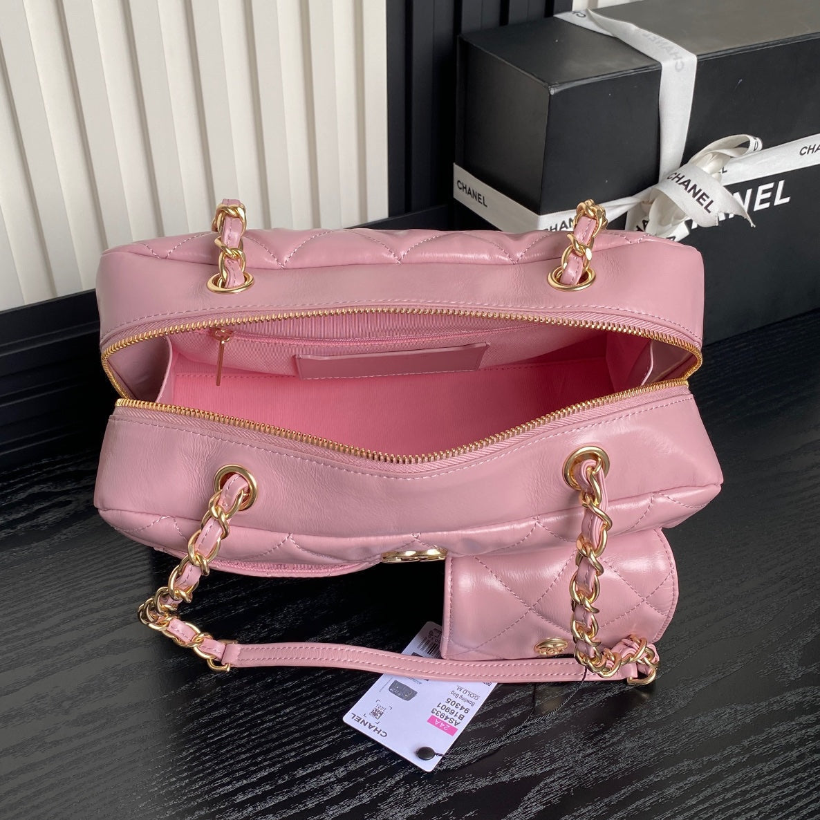 CHANEL BOWLING BAG 29 IN BABY PINK CALFSKIN GOLD HARDWARE