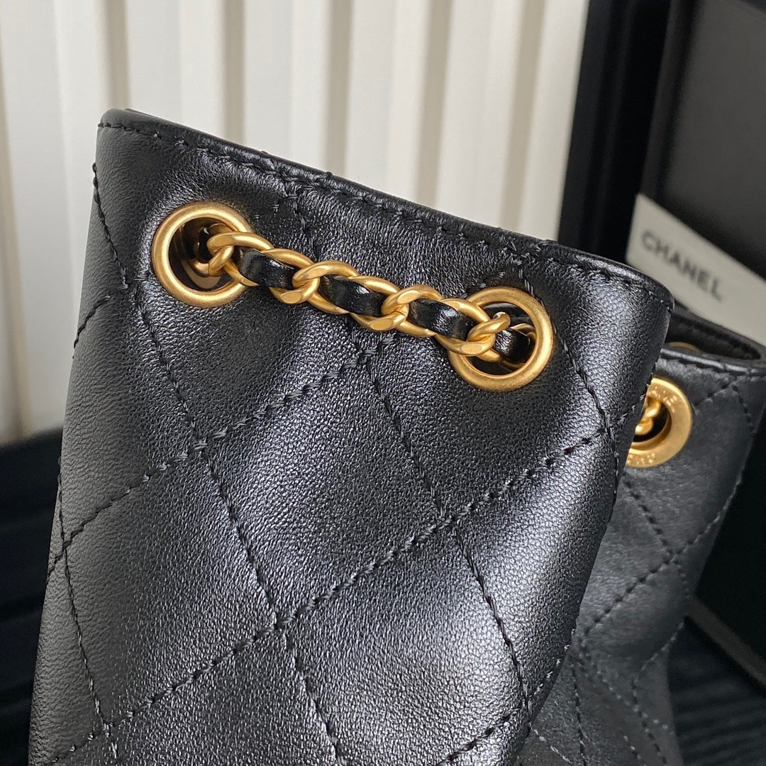 CHANEL BUCKET BACKPACK 24 IN BLACK LAMBSKIN GOLD HARDWARE