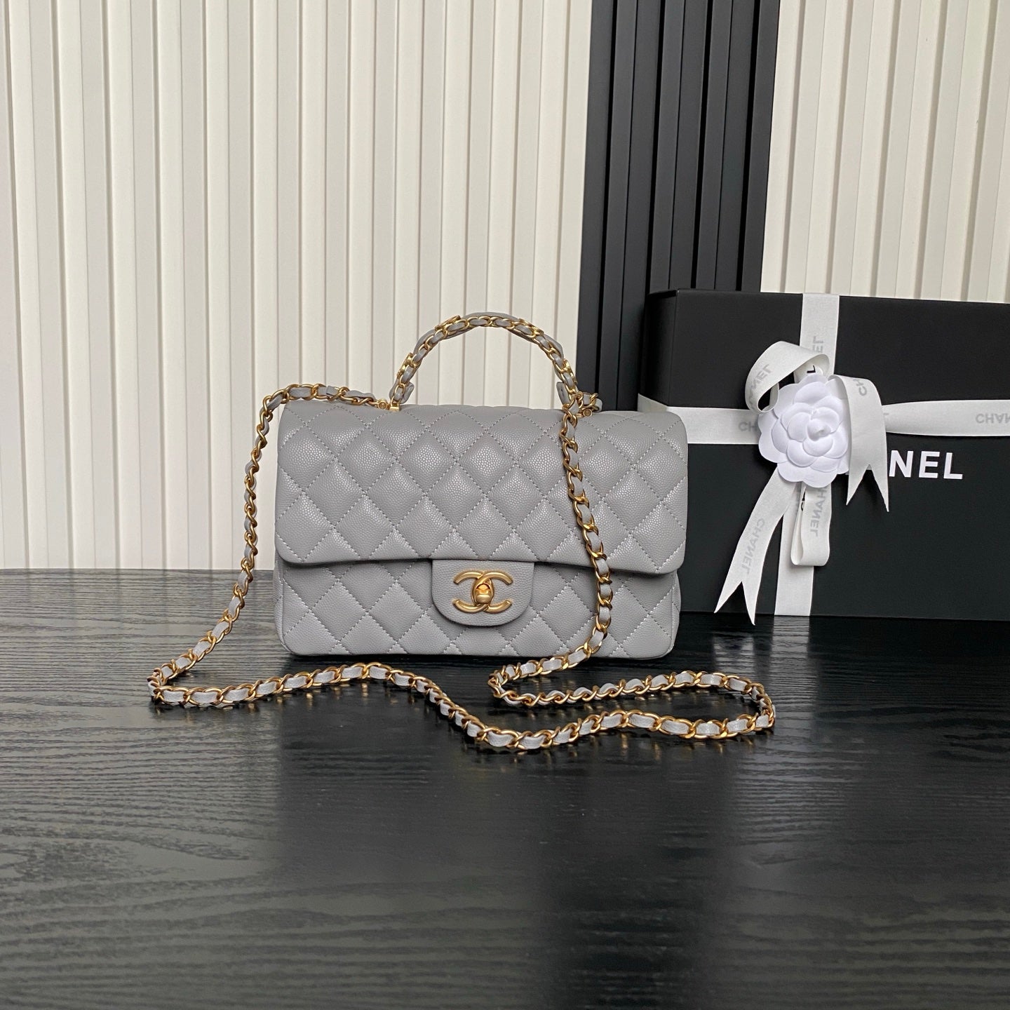 CHANEL 25S FLAP BAG 22 CM IN GREY CAVIAR WITH GOLD HARDWARE