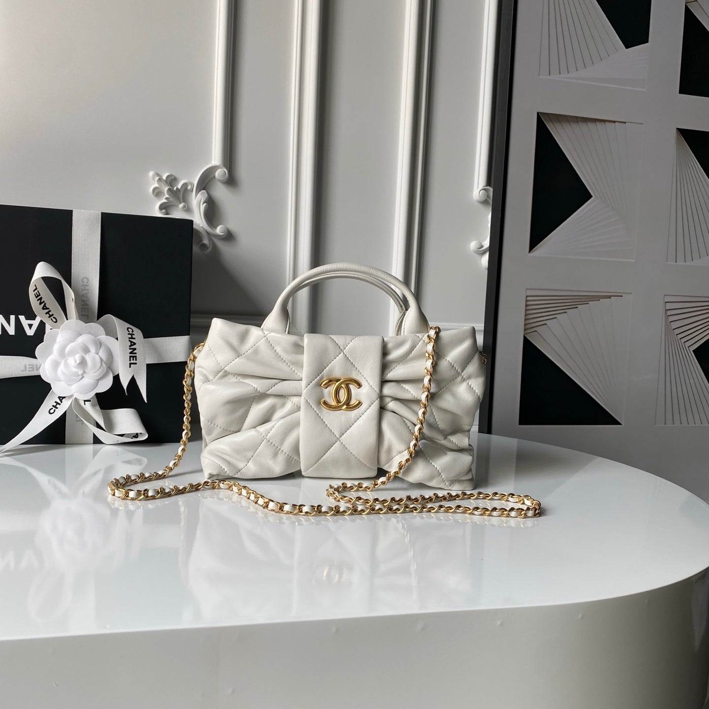CHANEL 25S MINI BOW BAG 26 IN CREAM WHITE LAMBSKIN WITH GOLD HARDWARE