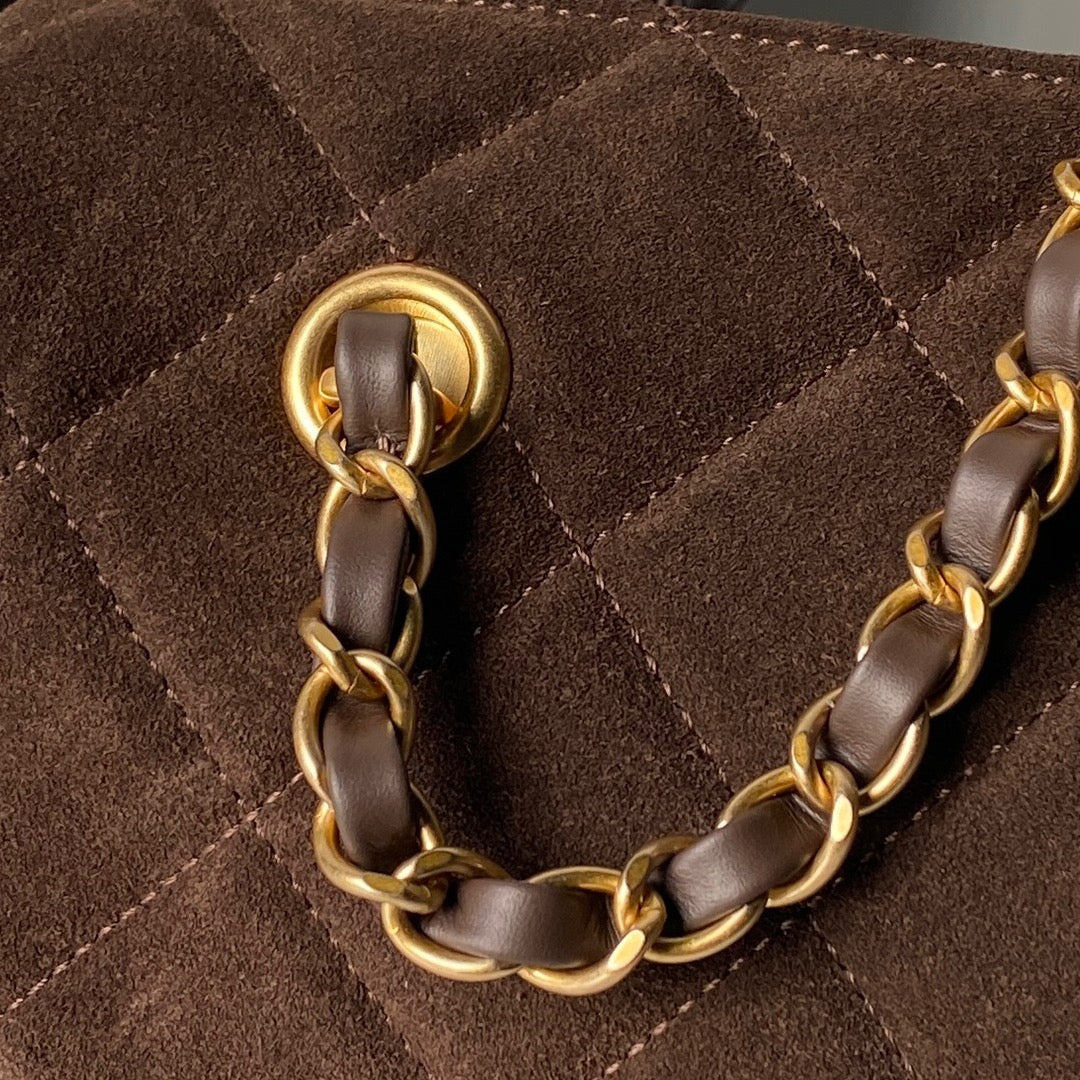 CHANEL 25S BOWLING BAG 24 IN DARK BROWN SUEDE GOLD HARDWARE