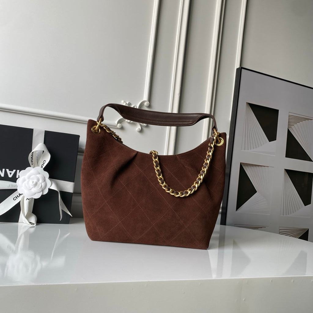 CHANEL 25S HOBO BAG 31 IN DARK BROWN SUEDE WITH GOLD HARDWARE
