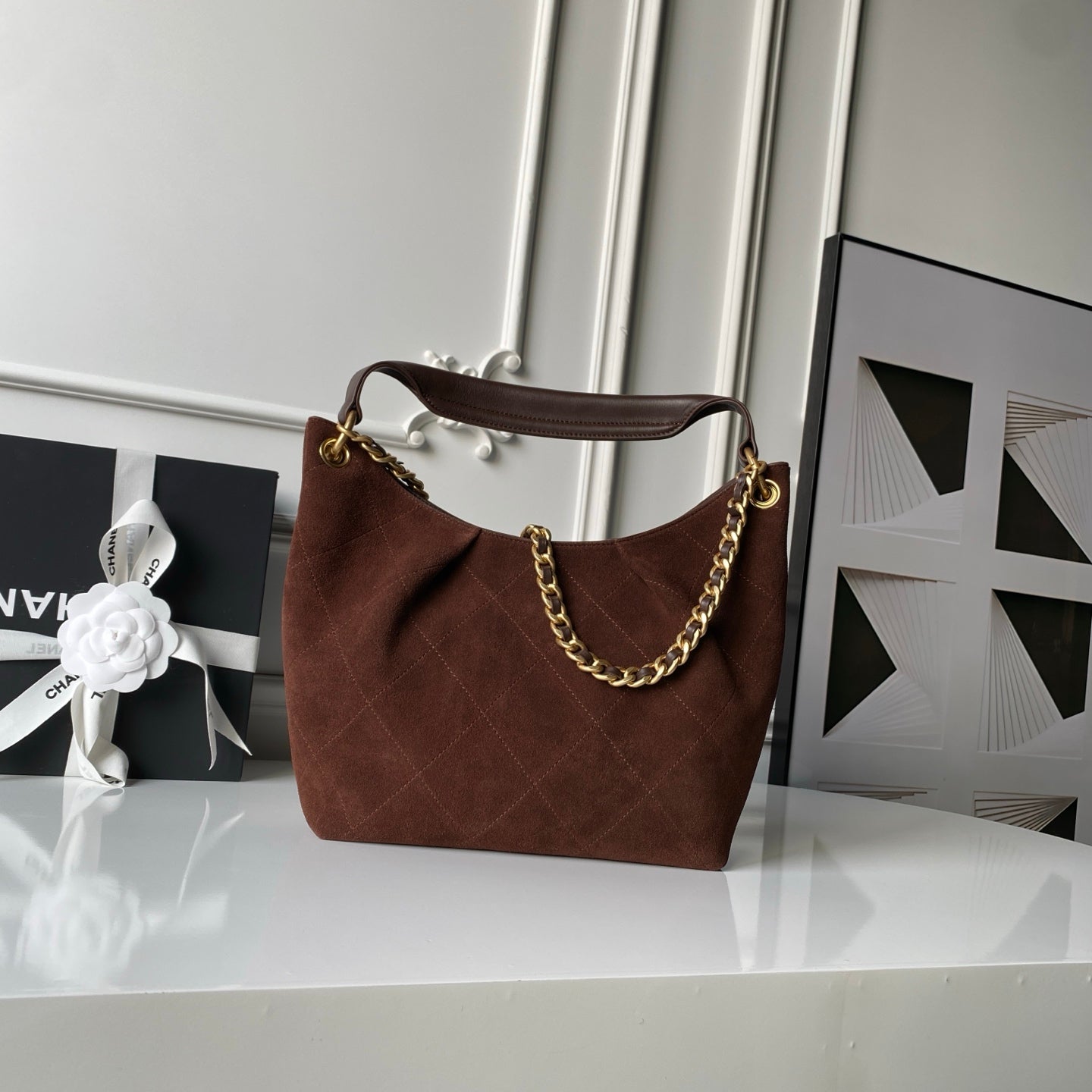 CHANEL 25S HOBO BAG 31 IN DARK BROWN SUEDE WITH GOLD HARDWARE