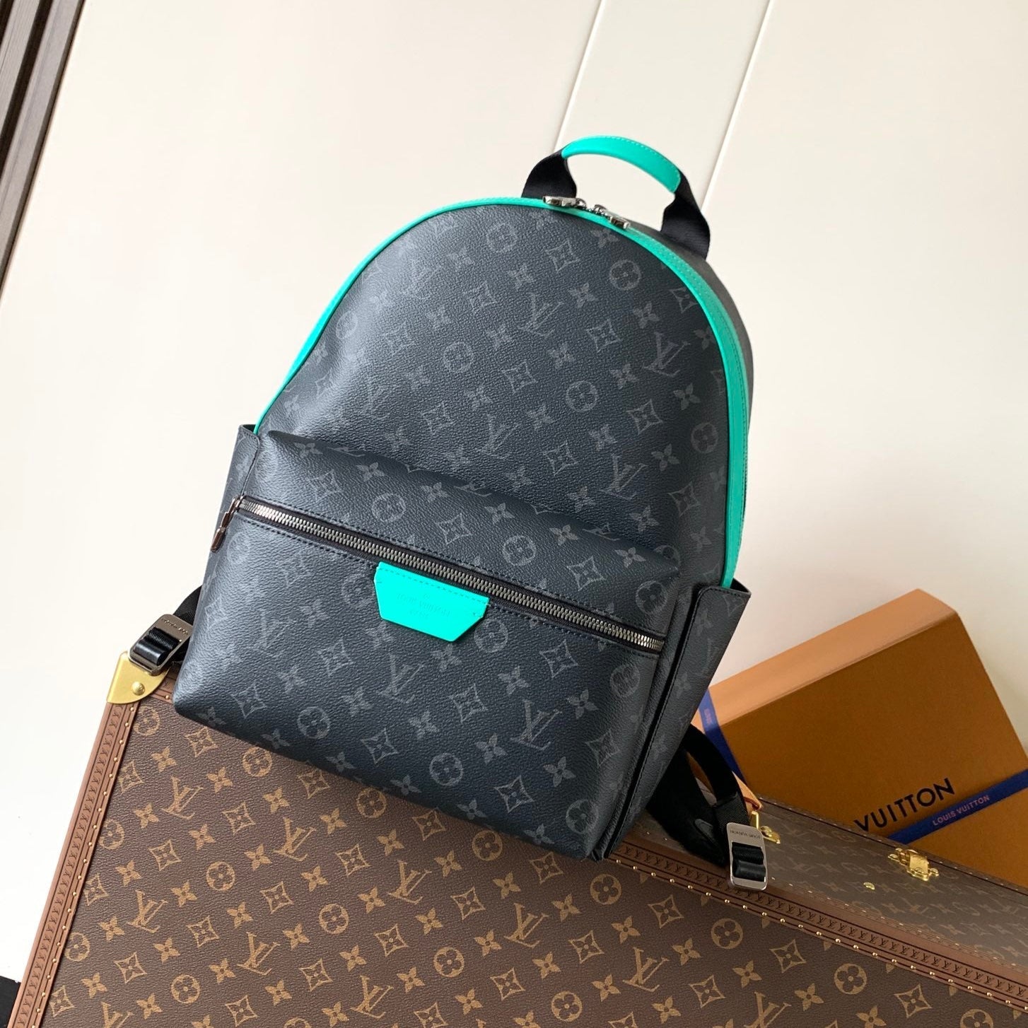 LOUIS VUITTON LV 25S DISCOVERY PM BACKPACK 38 IN BLACK AQUA MONOGRAM ECLIPSE CANVAS AND CALFSKIN