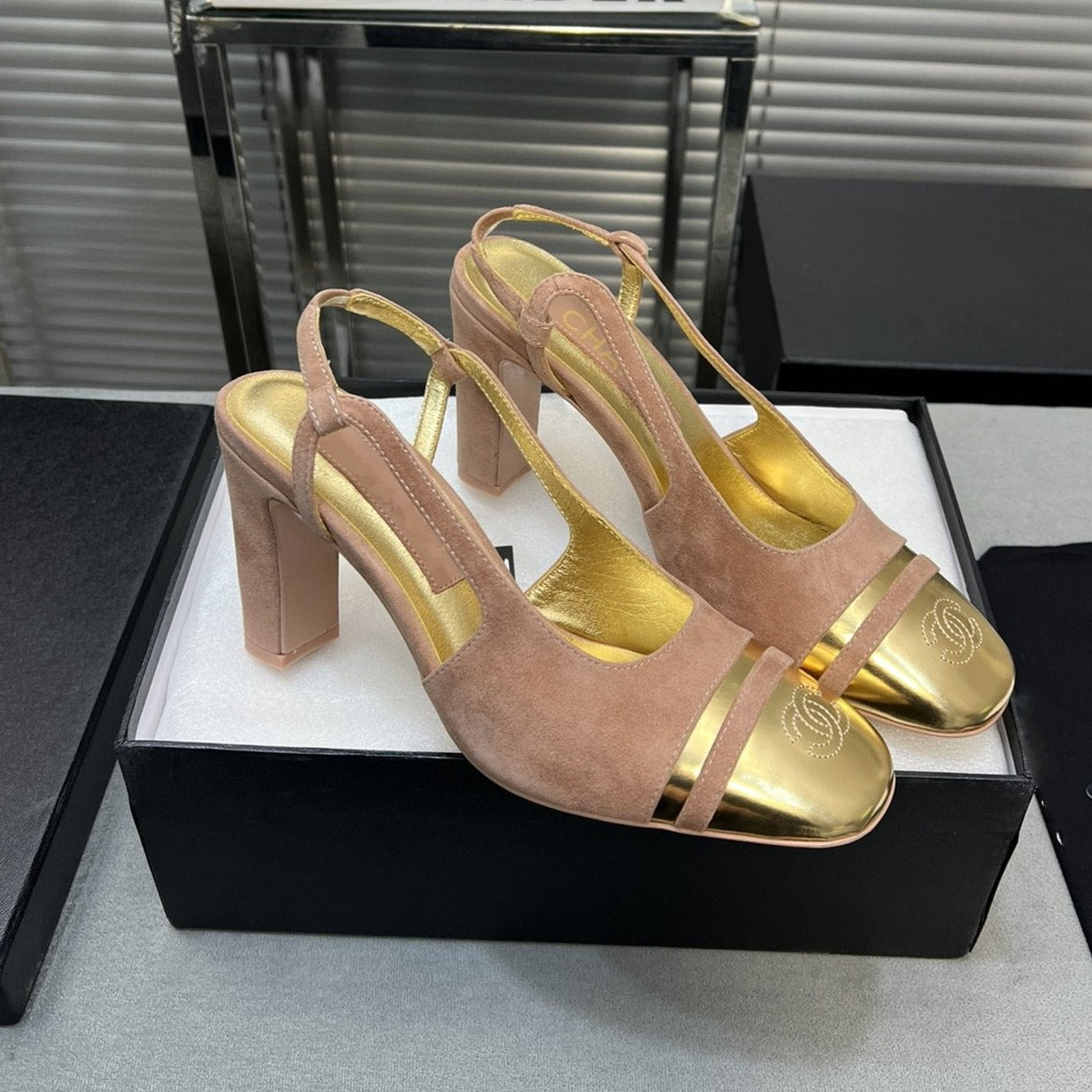 CHANEL slingback rose suede gold metalic lambskin square toe 9.5