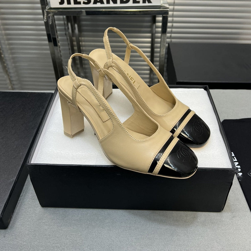 CHANEL slingback light beige suede silver metalic lambskin square toe 9.5