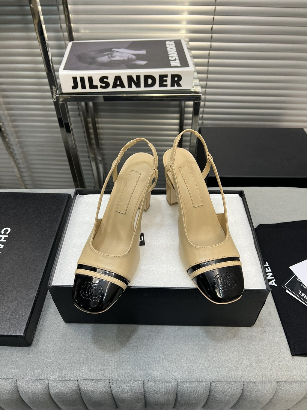 CHANEL slingback light beige suede silver metalic lambskin square toe 9.5
