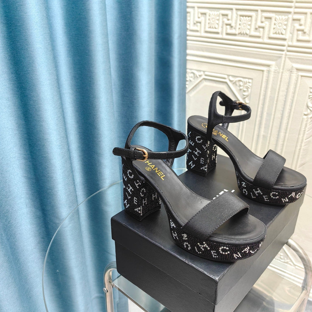 CHANEL Chunky Heel Rhinestone High Sandals Black Lambskin