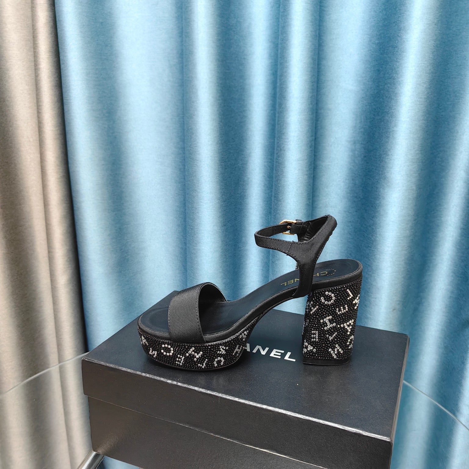 CHANEL Chunky Heel Rhinestone High Sandals Black Lambskin