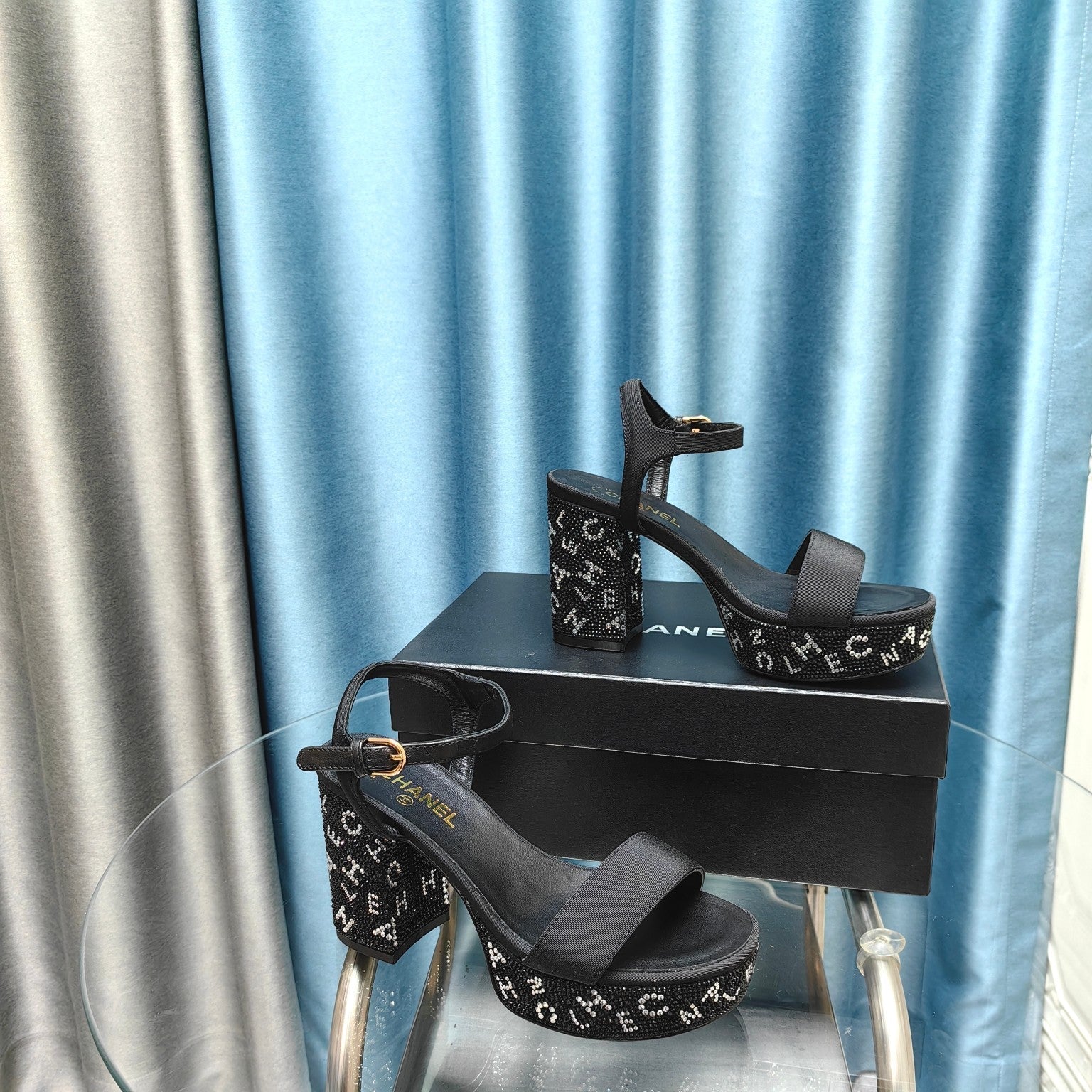 CHANEL Chunky Heel Rhinestone High Sandals Black Lambskin