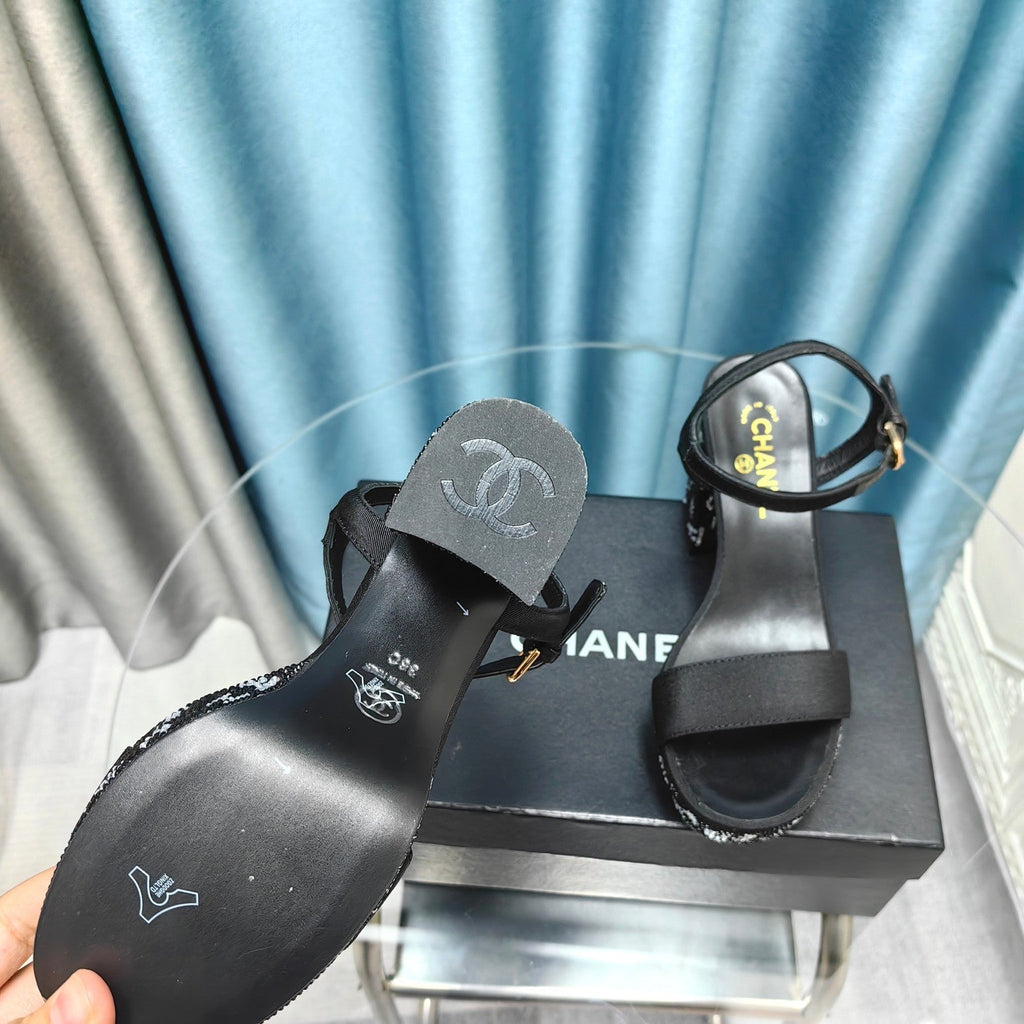 CHANEL Chunky Heel Rhinestone High Sandals Black Lambskin