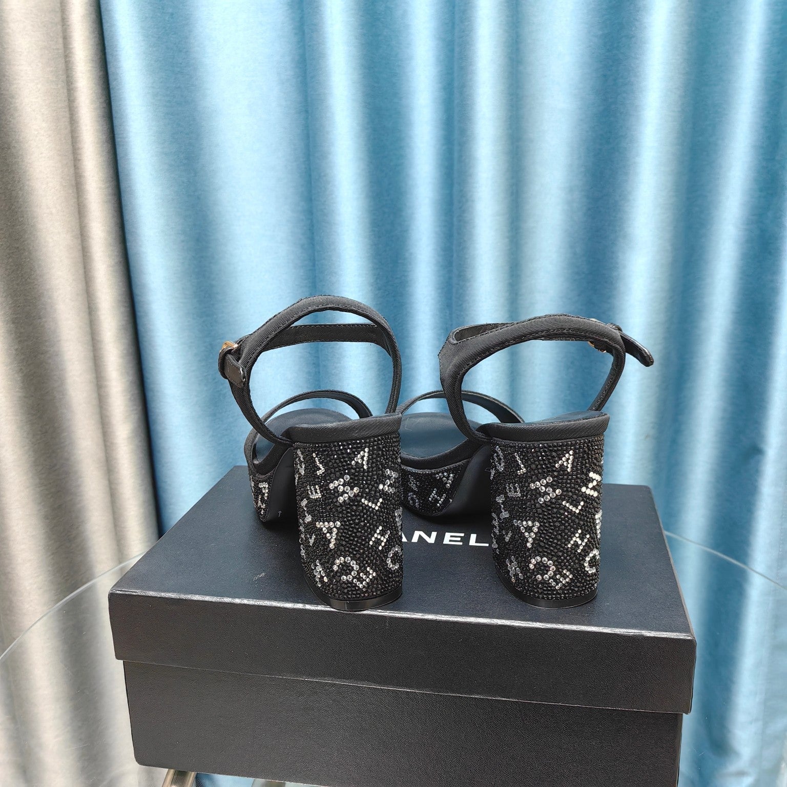 CHANEL Chunky Heel Rhinestone High Sandals Black Lambskin