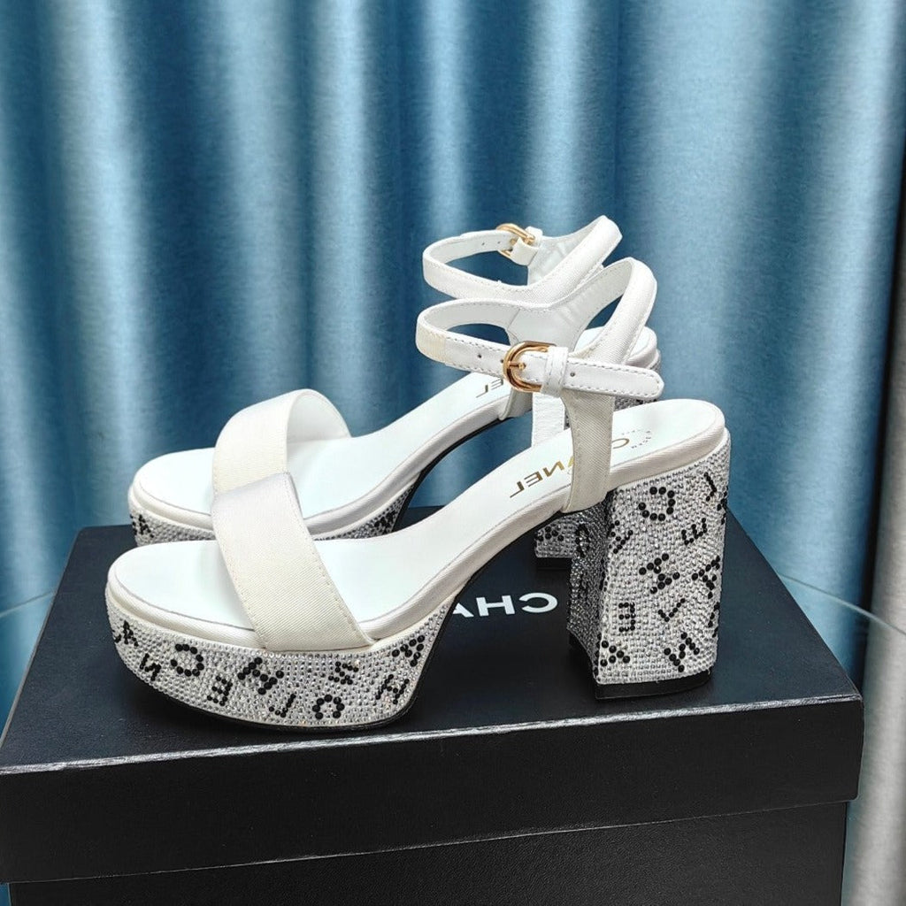 CHANEL Chunky Heel Rhinestone High Sandals White Lambskin