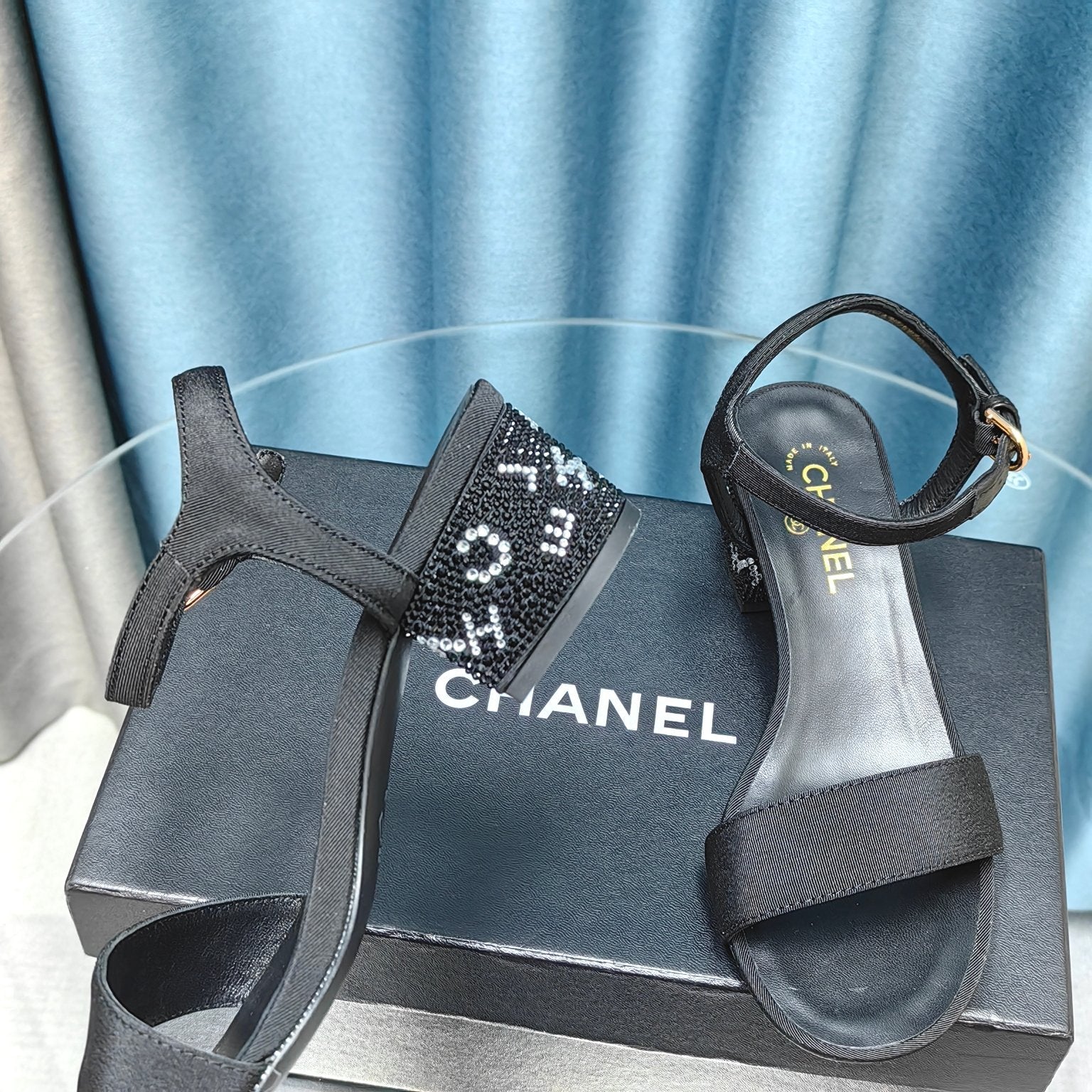 CHANEL Chunky Heel Rhinestone Sandals Black Lambskin