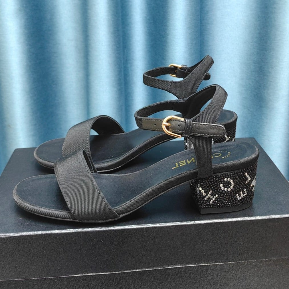 CHANEL Chunky Heel Rhinestone Sandals Black Lambskin