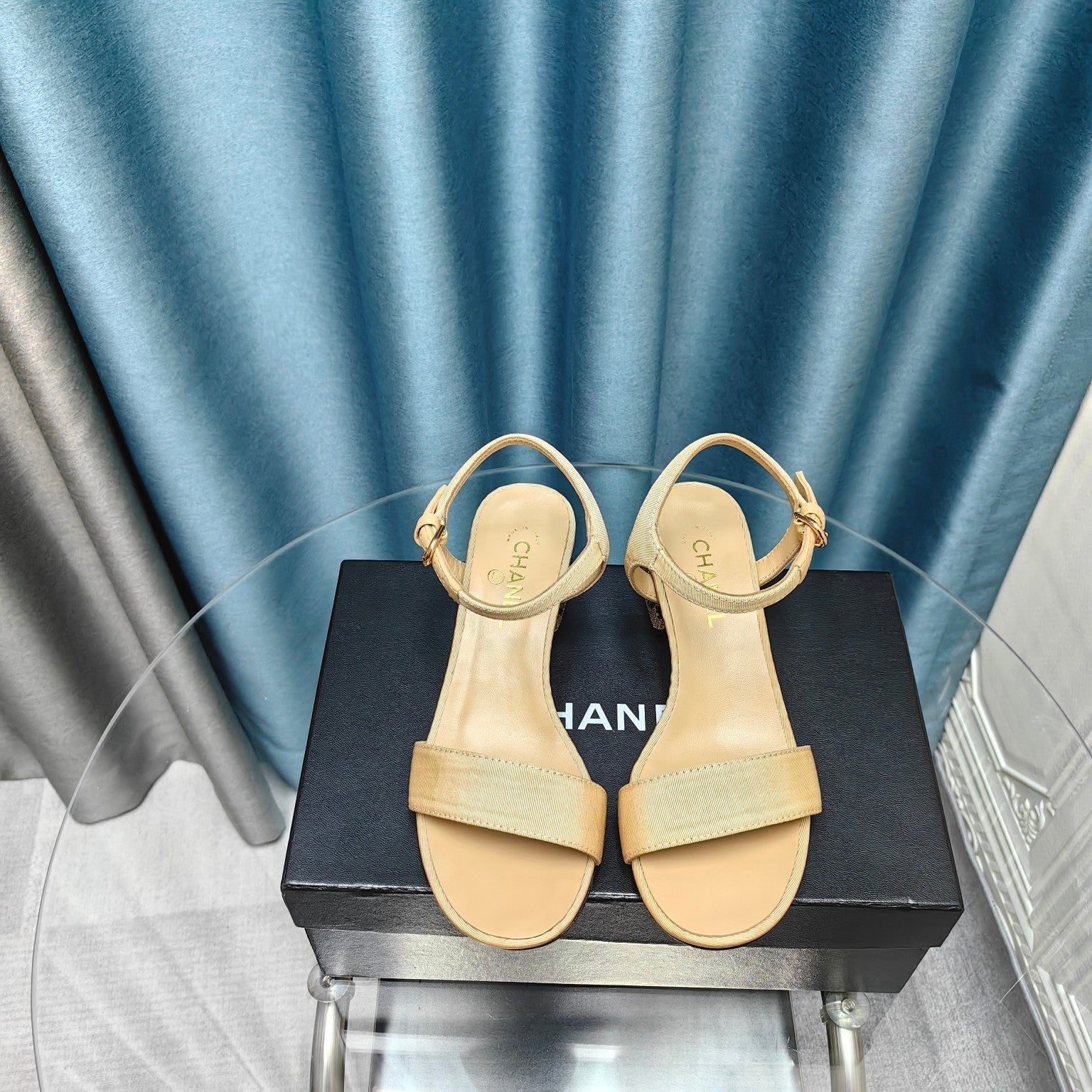 CHANEL Chunky Heel Rhinestone Sandals Beige Cream Lambskin
