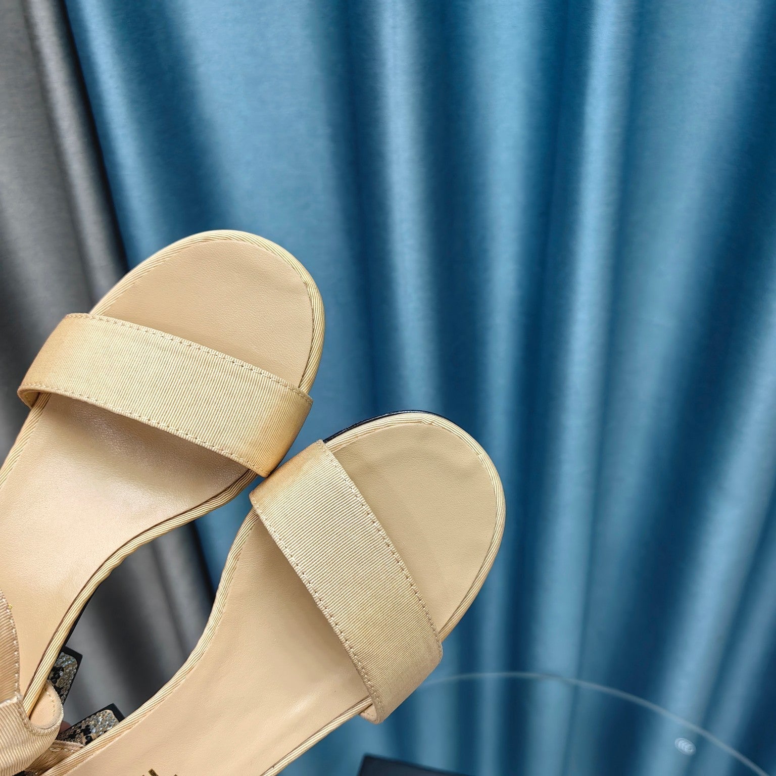 CHANEL Chunky Heel Rhinestone Sandals Beige Cream Lambskin