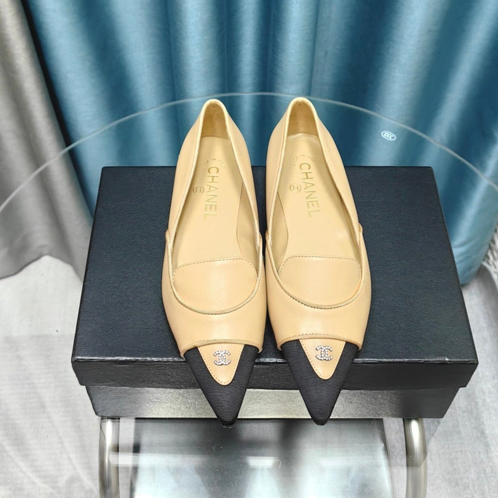 CHANEL BALLET FLAT DARK CREAM MIX BLACK SHEEPSKIN POINTED TOE