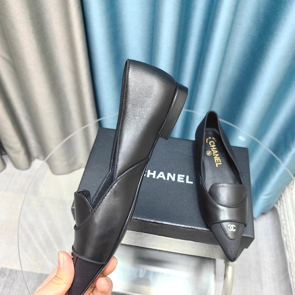 CHANEL BALLET FLAT BLACK SHEEPSKIN POINTED TOE