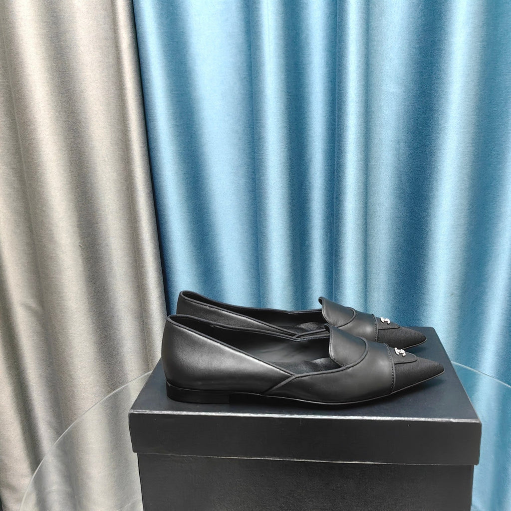 CHANEL BALLET FLAT BLACK SHEEPSKIN POINTED TOE